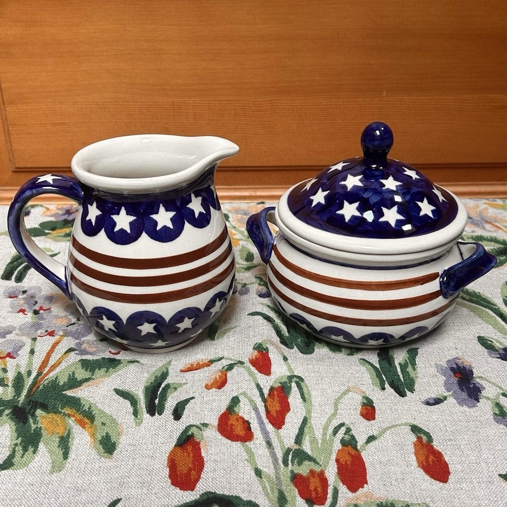 Boleslawiec Polish Pottery Sugar & Creamer Set Stars Stripes Americana USA Flag